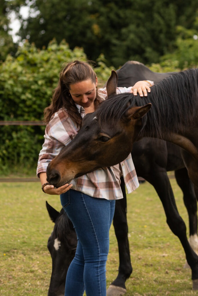 Vrouw knuffelt bruin paard