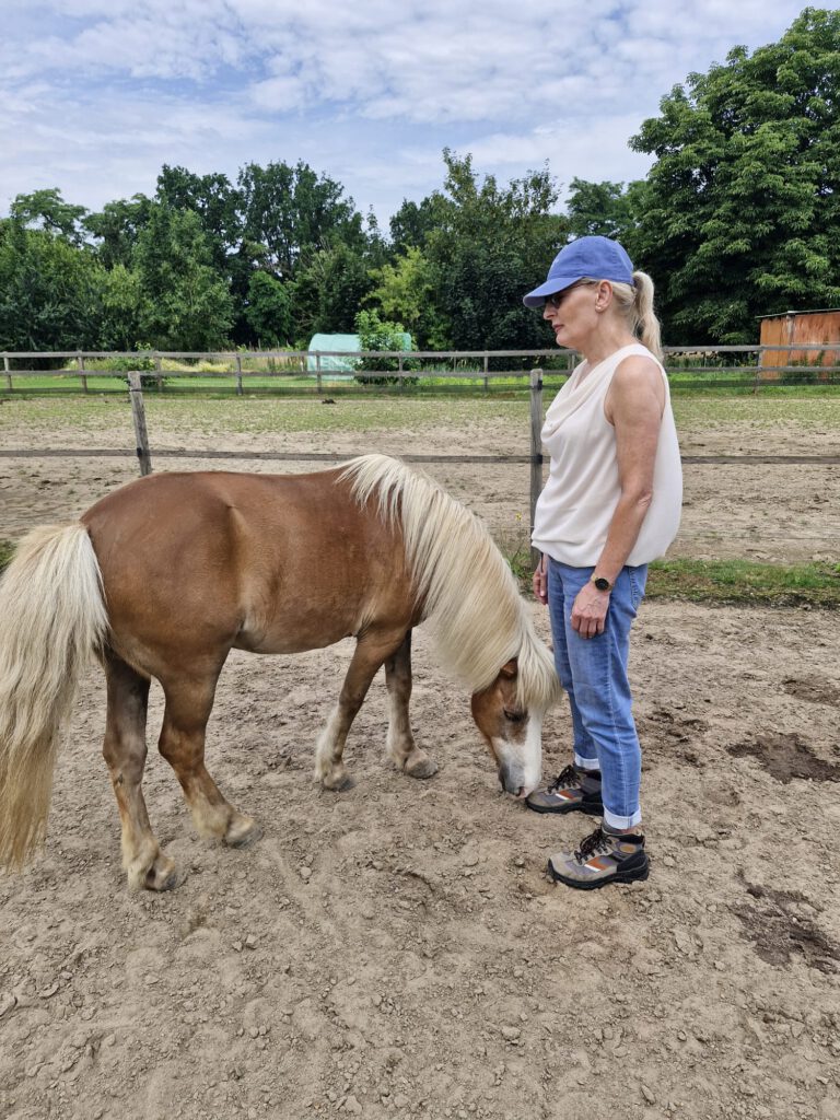 Klant die de uitnodiging krijgt van pony Magic om met de voeten op de grond te gaan staan en zich gedragen te voelen door de aarde